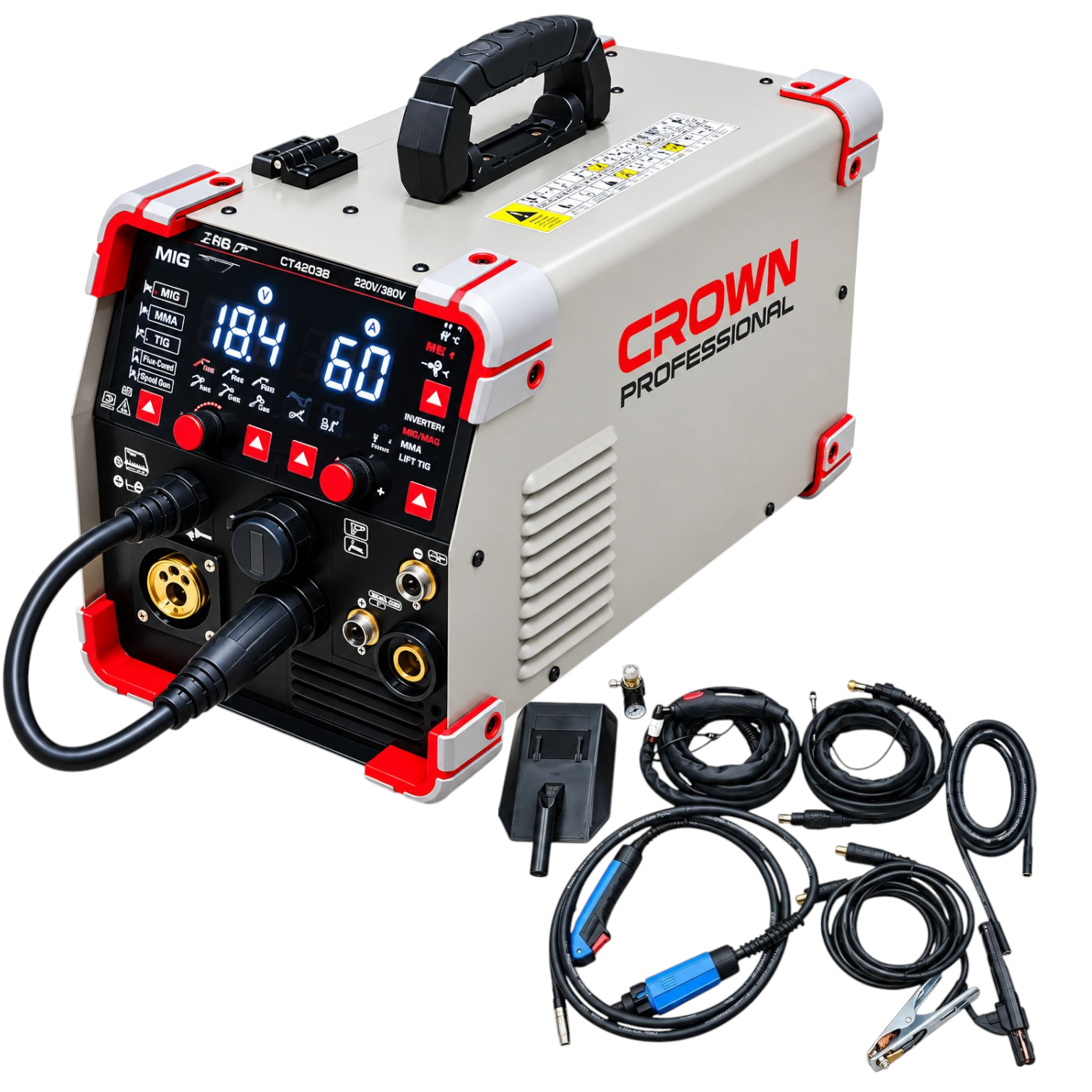 22855.png جهاز التلحيم بالسلك و القضبان و القطع poste a souder MMA/ MIG/TIG/CUT CROWN 200A CT33286 - الصورة 1