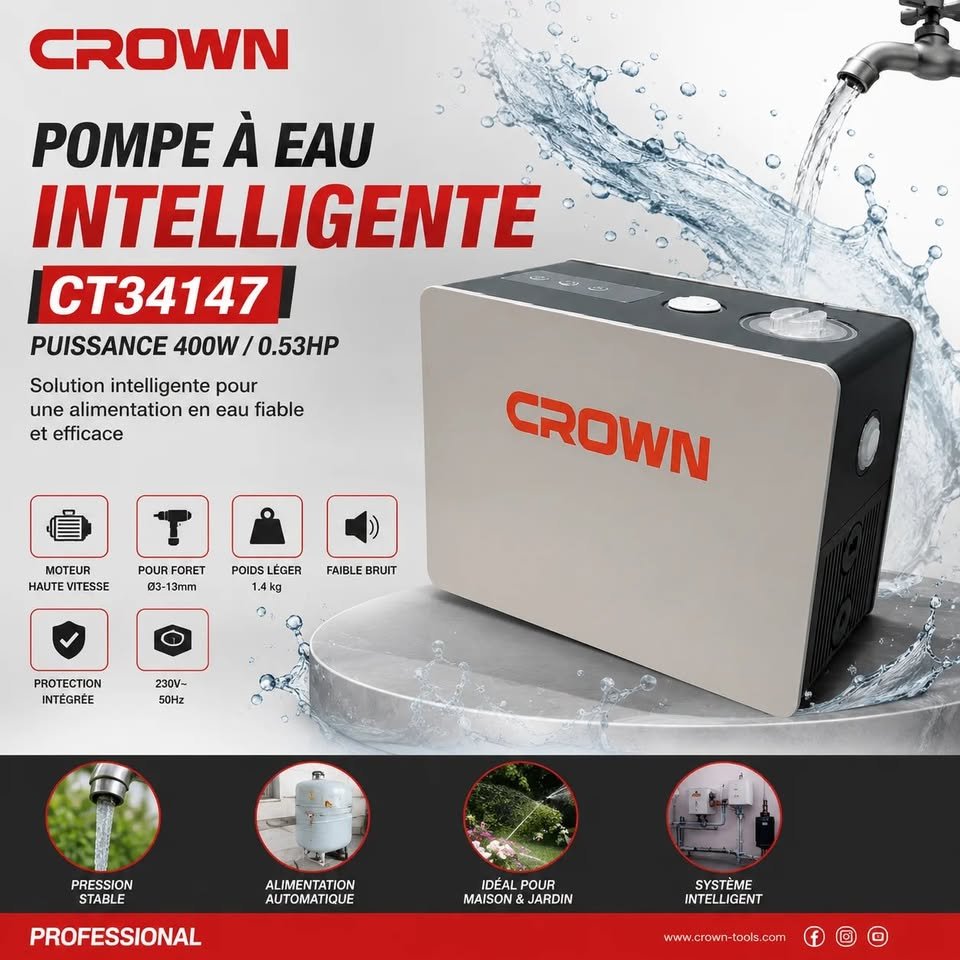 741465152_1541909250725763_1648975035632350206_n مضخة الماء ذكية وصامتة Pompe à eau intelligente silencieuse CROWN 400W/0.53HP CT35147 - الصورة 1